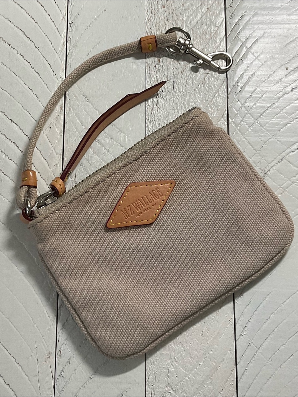 MZ Wallace Beige Canvas Wristlet Wallet with Tan Leather Accents